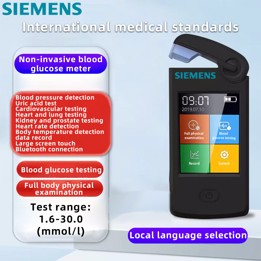 Selección de idioma español, examen físico completo, prueba de azúcar en sangre, prueba de presión arterial, prueba de ácido úrico, examen cardiovascular, examen cardiopulmonar, riñón, examen de próstata, prueba de frecuencia cardíaca, prueba de temperatura corporal, registro de datos, pantalla táctil sensible grande, conexión Bluetooth