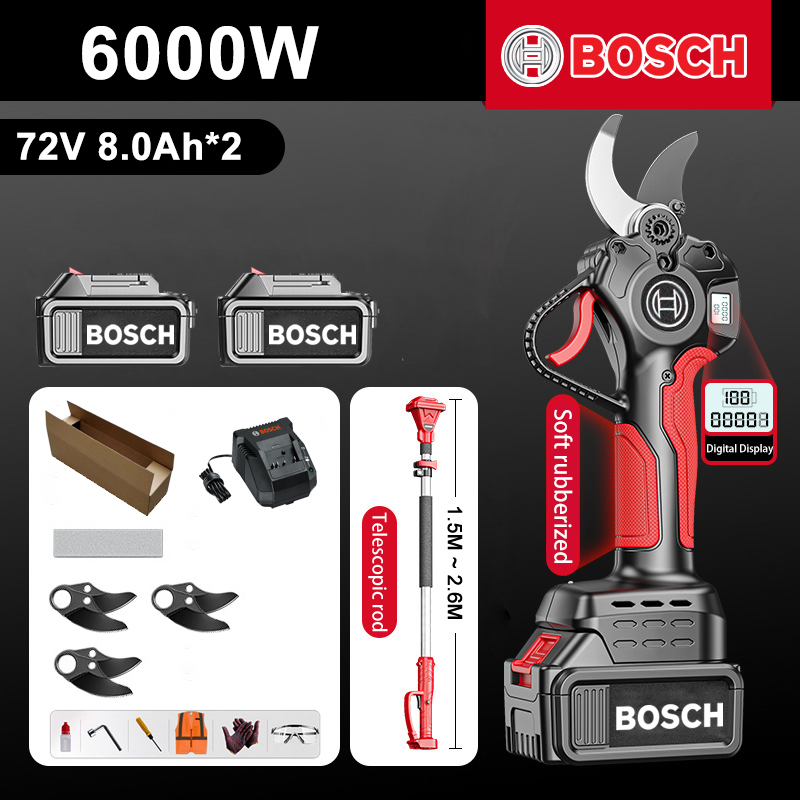 [Varilla de extensión: 1,5 M ~ 4,6 M] Pantalla de alimentación LED - (16 horas de duración de la batería) Tijeras de podar con batería de litio con motor sin escobillas de 6000 W + batería de 72 V 8,0 Ah * 2 + cargador + hoja de aleación SK9 * 3 + tira de cubierta * 1 + herramienta caja + lubricante + gafas protectoras, 10 años de garantía