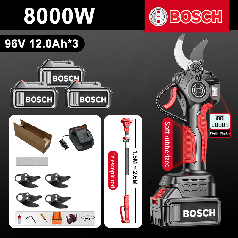 [Varilla de extensión: 1,5 M ~ 4,6 M] Pantalla de alimentación LED - (36 horas de duración de la batería) Tijeras de podar con batería de litio con motor sin escobillas de 8000 W + batería de 96 V 12,0 Ah * 3 + cargador + hoja de aleación SK9 * 4 + tira de glaseado * 1 + herramienta caja + lubricante + gafas protectoras, 10 años de garantía